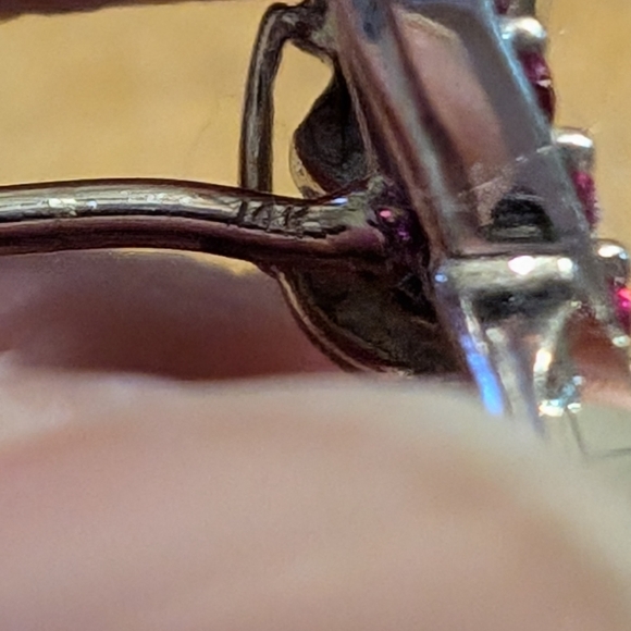 Vibtage 14k White Gold Ruby, Diamond, and Sapphire Patriotic Ribbon Pin - Picture 4 of 10